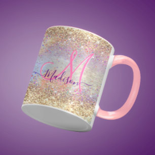 Cute iridescent faux gold glitter monogram mug