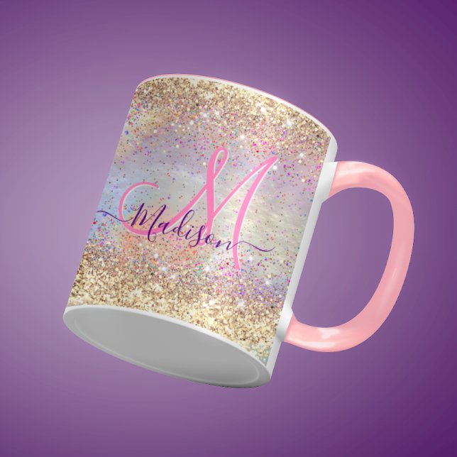 Cute iridescent faux gold glitter monogram mug (Creator Uploaded)