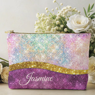 Cute iridescent fuchsia gold faux glitter monogram accessory pouch