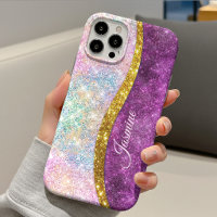 Cute iridescent fuchsia gold faux glitter monogram