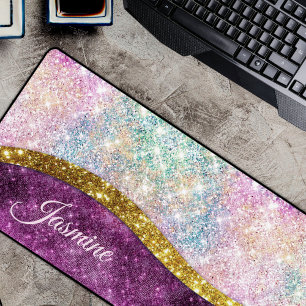 Cute iridescent fuchsia gold faux glitter monogram desk mat