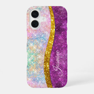Cute iridescent fuchsia gold faux glitter monogram iPhone 16 case