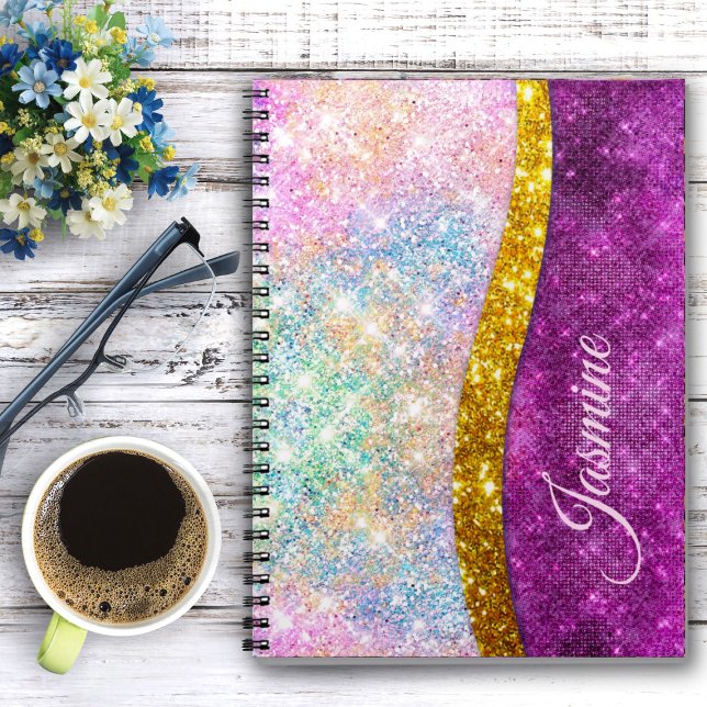 Cute iridescent fuchsia gold faux glitter monogram notebook (Creator Uploaded)