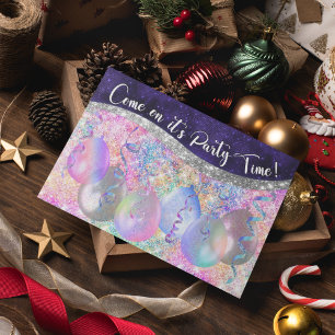 Cute iridescent glitter Christmas party balloons Postcard