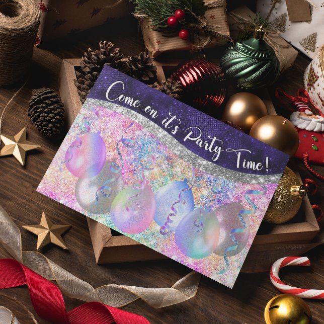 Cute iridescent glitter Christmas party balloons Postcard (Creator Uploaded)