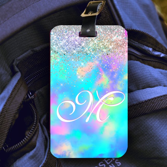 Cute iridescent holographic glitter monogram luggage tag (Creator Uploaded)