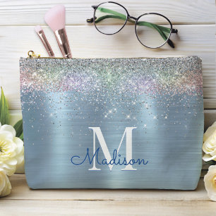 Cute iridescent ice blue glitter monogram  accessory pouch