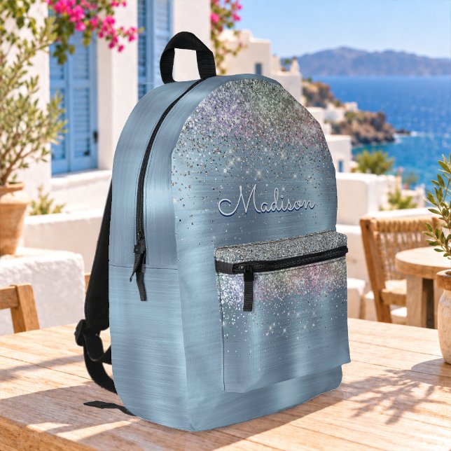 Cute iridescent ice blue glitter monogram  printed backpack (Creator Uploaded)