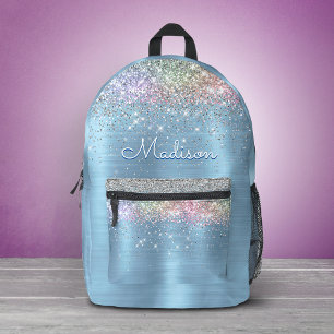 Cute iridescent ice blue glitter monogram  printed backpack