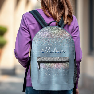 Cute iridescent ice blue glitter monogram  printed backpack
