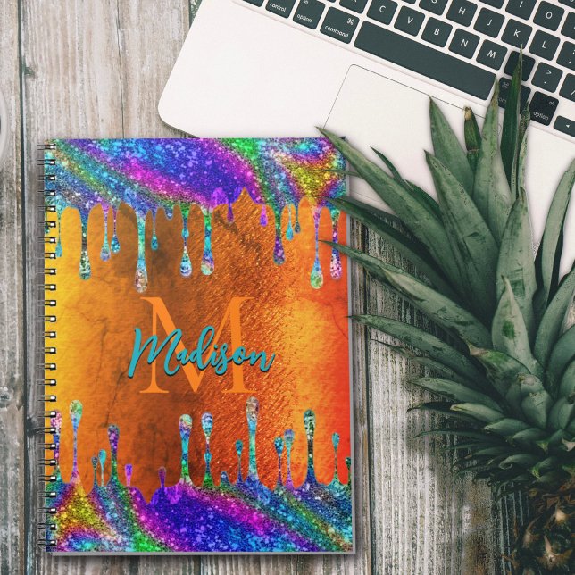 Cute iridescent orange Glitter Drips monogram Notebook (Creator Uploaded)