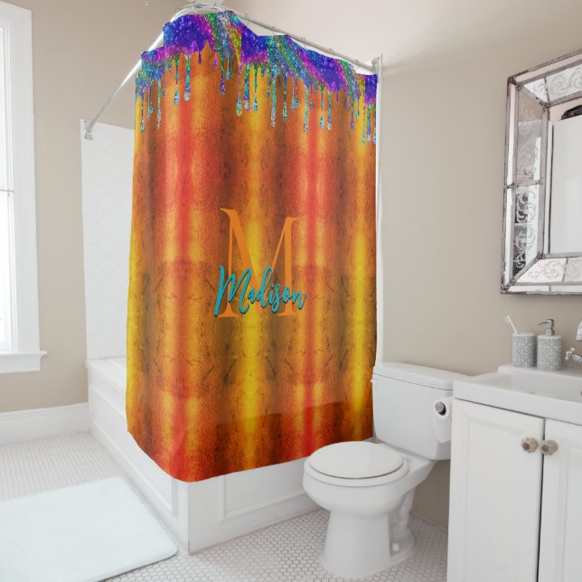 Cute iridescent orange Glitter Drips monogram Shower Curtain (In Situ)