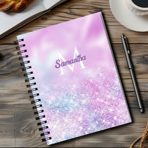 Cute iridescent pink blue ombre glitter notebook