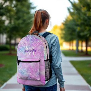 Cute iridescent pink blue ombre glitter printed backpack