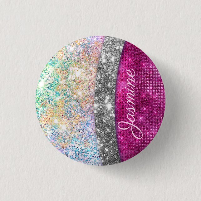 Cute iridescent pink silver faux glitter monogram 3 cm round badge (Front)