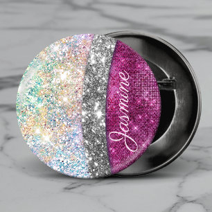 Cute iridescent pink silver faux glitter monogram 3 cm round badge