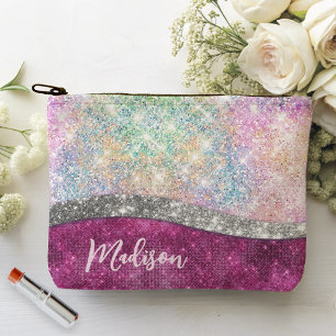 Cute iridescent pink silver faux glitter monogram accessory pouch