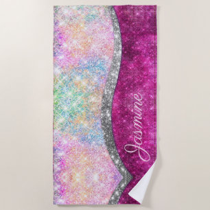 Cute iridescent pink silver faux glitter monogram beach towel
