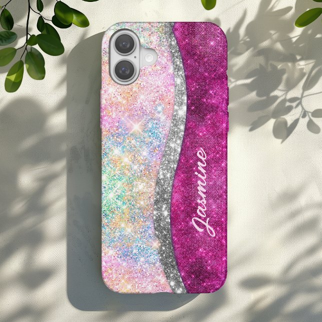 Cute iridescent pink silver faux glitter monogram Case-Mate iPhone case (Creator Uploaded)