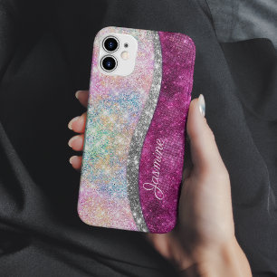 Cute iridescent pink silver faux glitter monogram Case-Mate iPhone 14 case