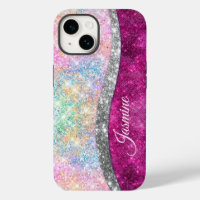 Cute iridescent pink silver faux glitter monogram