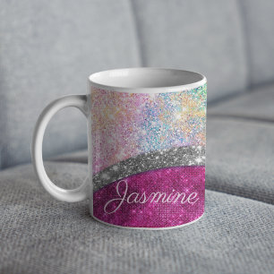 Cute iridescent pink silver faux glitter monogram coffee mug