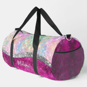 Cute iridescent pink silver faux glitter monogram duffle bag