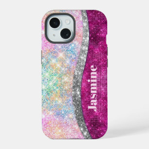Cute iridescent pink silver faux glitter monogram iPhone 15 case