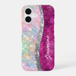 Cute iridescent pink silver faux glitter monogram iPhone 16 case