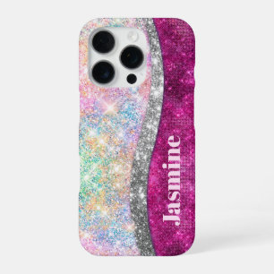 Cute iridescent pink silver faux glitter monogram iPhone 16 pro case