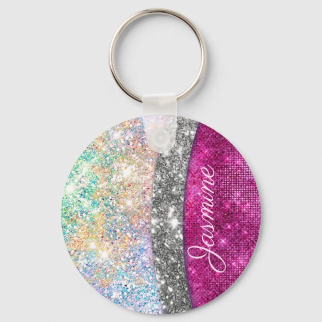 Cute iridescent pink silver faux glitter monogram key ring (Front)