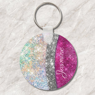 Cute iridescent pink silver faux glitter monogram key ring