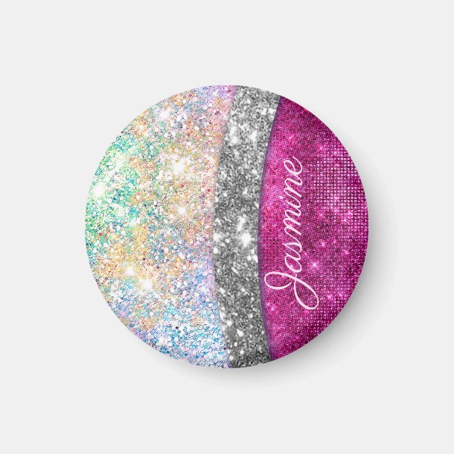 Cute iridescent pink silver faux glitter monogram magnet (Front)