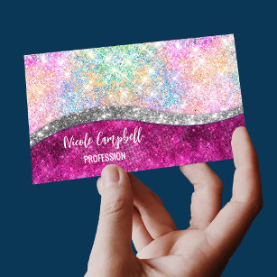 Cute iridescent pink silver faux glitter monogram 	Magnetic business card