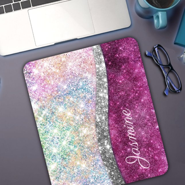 Cute iridescent pink silver faux glitter monogram mouse mat (Creator Uploaded)