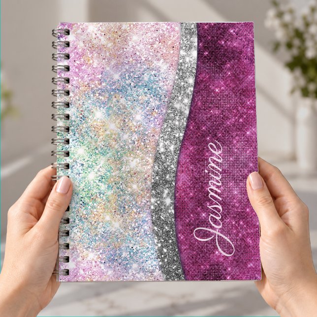 Cute iridescent pink silver faux glitter monogram notebook (Creator Uploaded)