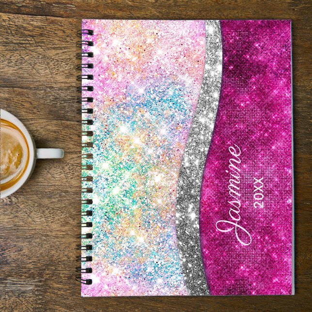 Cute iridescent pink silver faux glitter monogram  planner (Creator Uploaded)