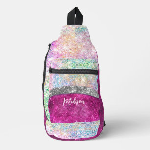 Cute iridescent pink silver faux glitter monogram sling bag