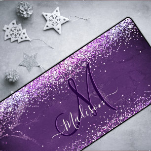 Cute iridescent purple gold faux glitter monogram desk mat