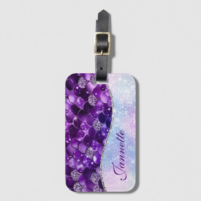 Cute Iridescent Purple Mermaid Faux Glitter Luggage Tag (Front Vertical)