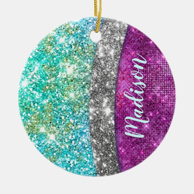 Cute iridescent purple teal faux glitter monogram ceramic tree decoration (Front)