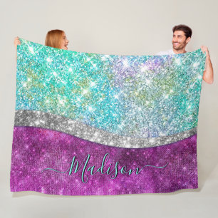 Cute iridescent purple teal faux glitter monogram fleece blanket