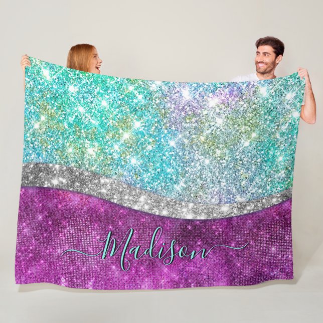 Cute iridescent purple teal faux glitter monogram fleece blanket (In Situ)