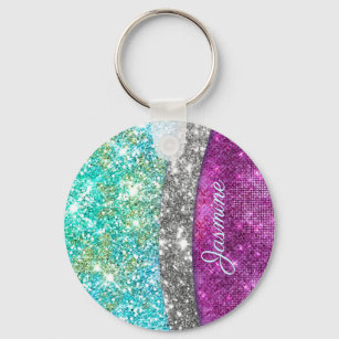 Cute iridescent purple teal faux glitter monogram key ring