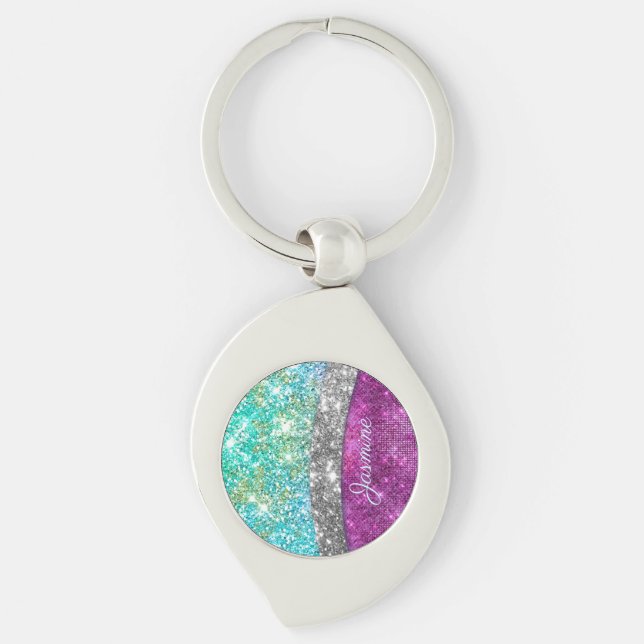 Cute iridescent purple teal faux glitter monogram  key ring (Front)