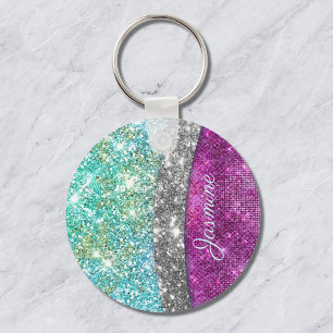 Cute iridescent purple teal faux glitter monogram key ring