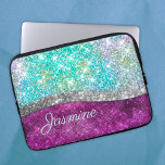 Cute iridescent purple teal faux glitter monogram laptop sleeve<br><div class="desc">Pretty chic and elegant girly silver and iridescent faux glitter in unicorn, rainbow, teal, aqua, fuchsia and green to create a special unique stylish Laptop sleeve. Add some style to your office, desk, or personal space with a Chic and stylish custom name and monogram Laptop sleeve.. personalise it with a...</div>