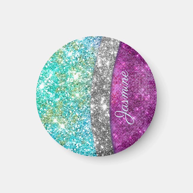 Cute iridescent purple teal faux glitter monogram magnet (Front)