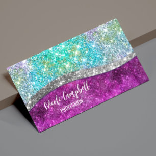 Cute iridescent purple teal faux glitter monogram 	Magnetic business card