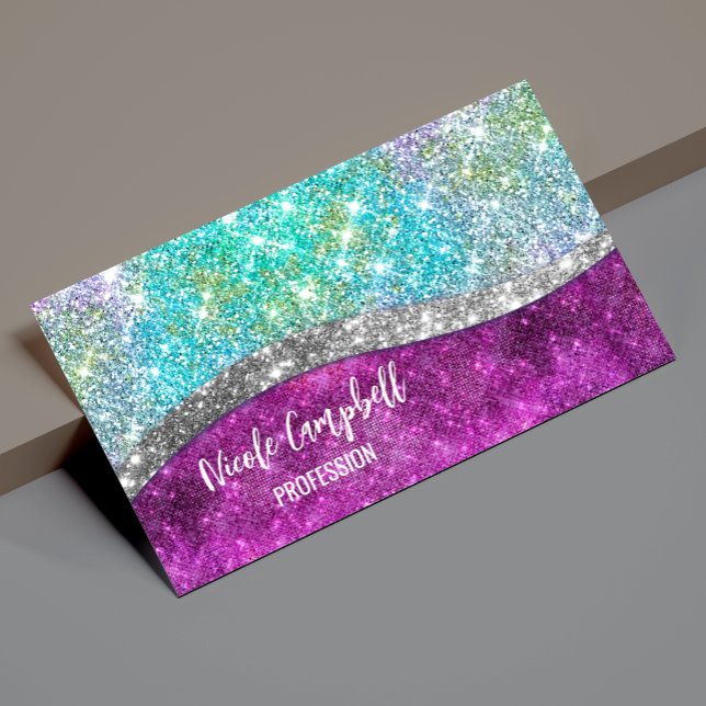 Cute iridescent purple teal faux glitter monogram 	Magnetic business card (Creator Uploaded)